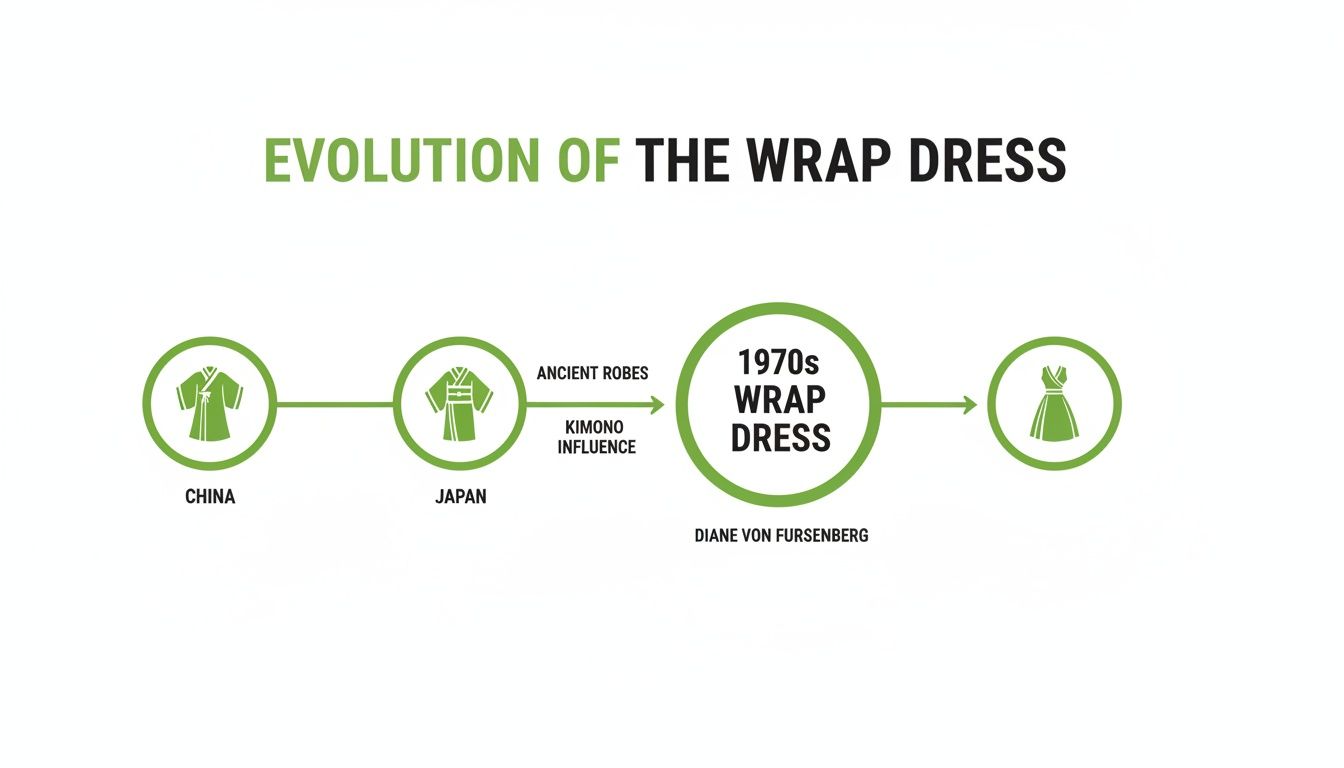 Infographic tracing the evolution of the wrap dress, from ancient Chinese and Japanese robes to Diane von Furstenberg's 1970s design.