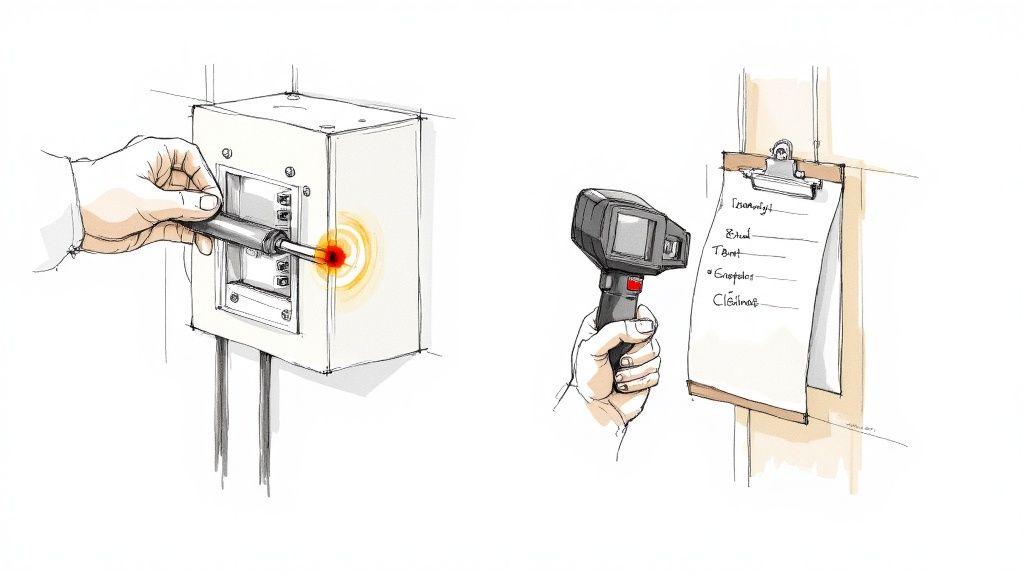 A technician inspects an electrical panel for heat using a tester, while another uses a thermal camera.