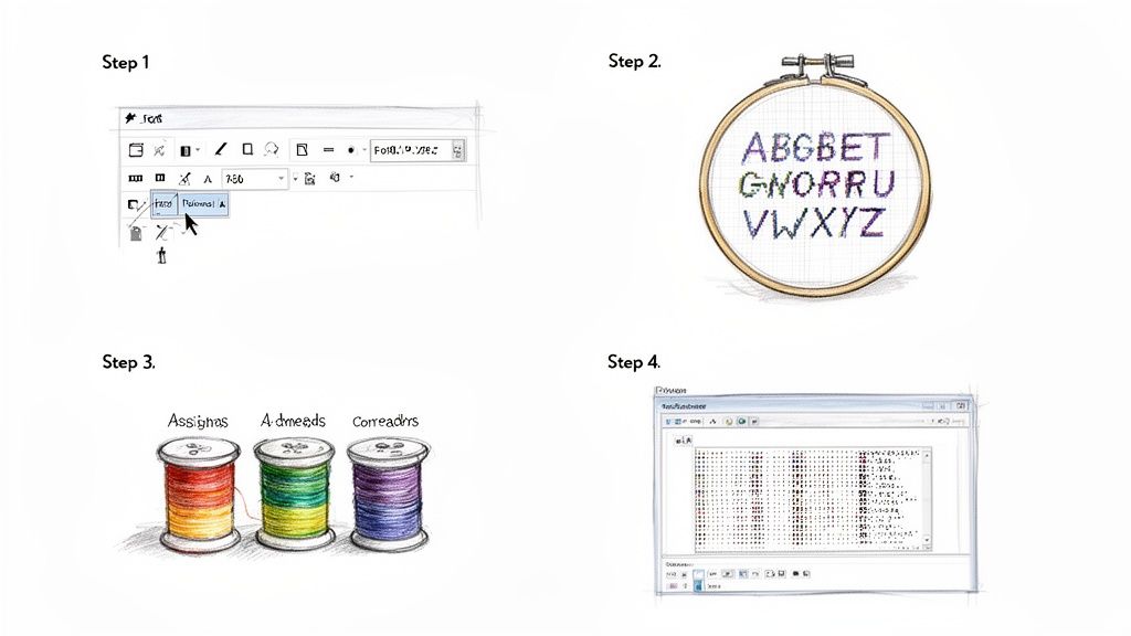 A four-step visual guide showing embroidery design software, a stitched alphabet, colorful thread spools, and a digital pattern.
