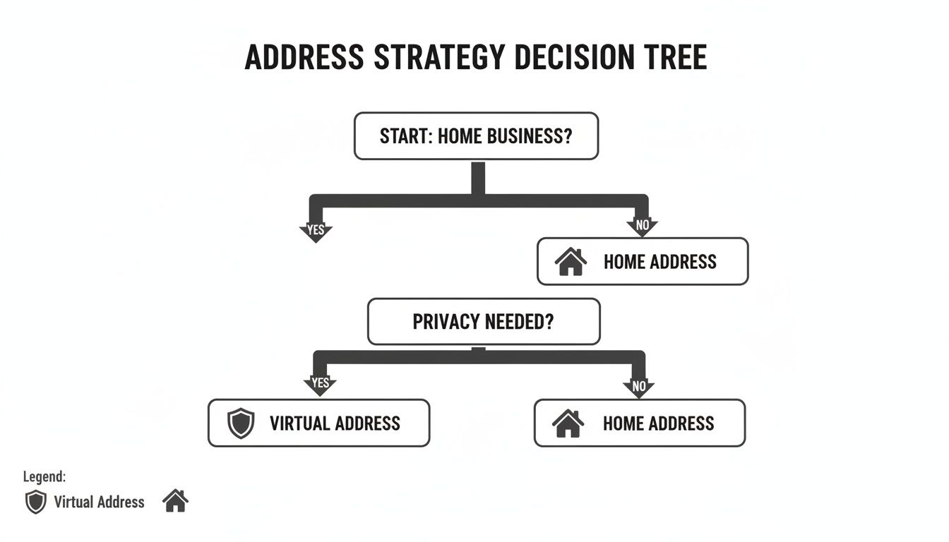 A professional and realistic flowchart graphic that guides a user through the decision of choosing a business address. It uses clean lines and modern icons to represent home, virtual, and physical office options.