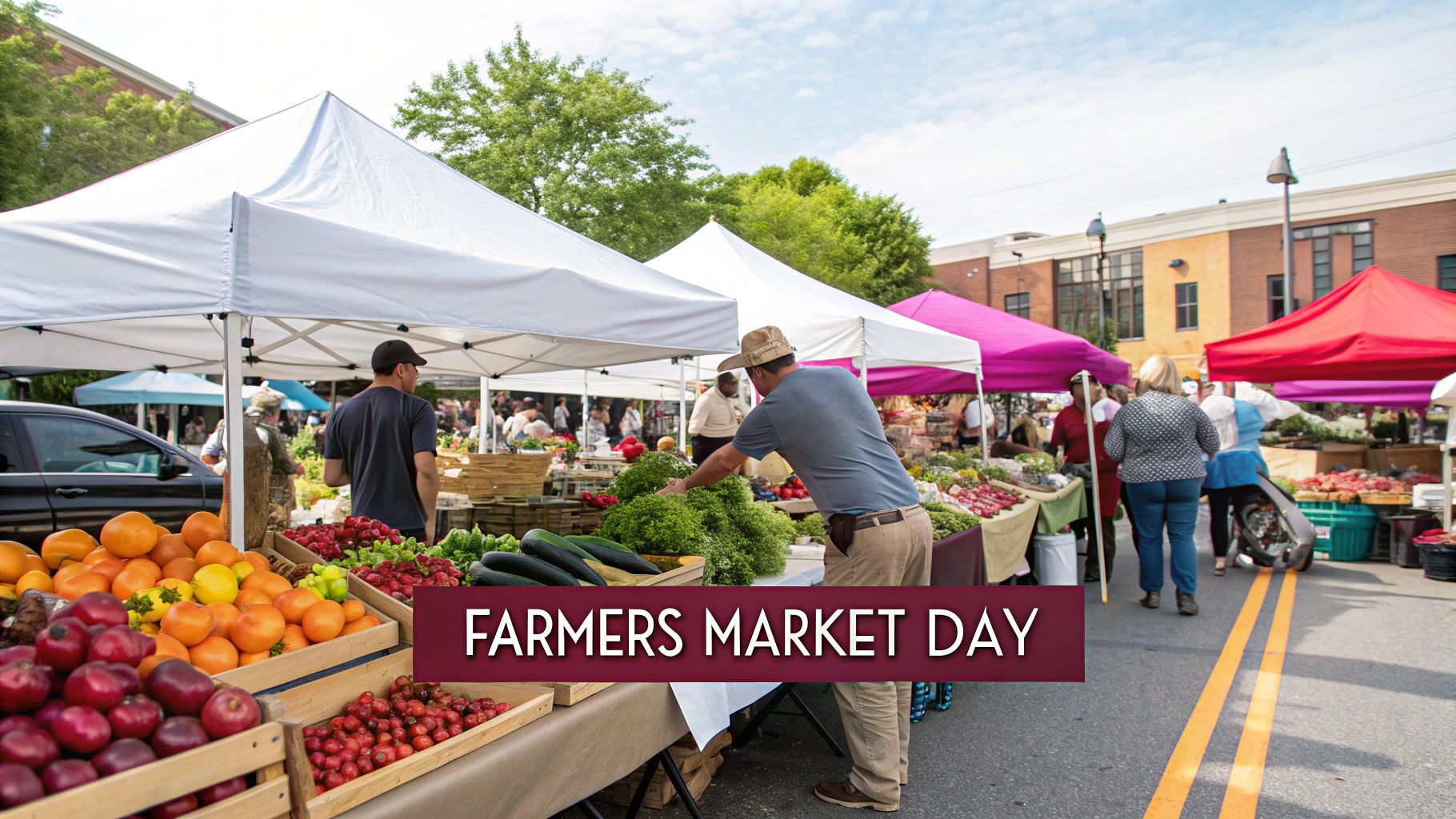Jenks vibrant farmers market with colorful produce under tents. People browse and shop. Sign reads "Farmers Market Day." Bright, sunny atmosphere.
