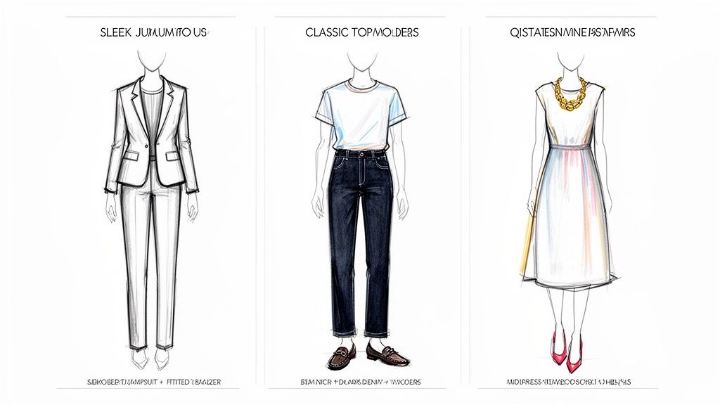 Three fashion illustrations depicting women's outfits: a business suit, casual jeans, and an elegant dress.