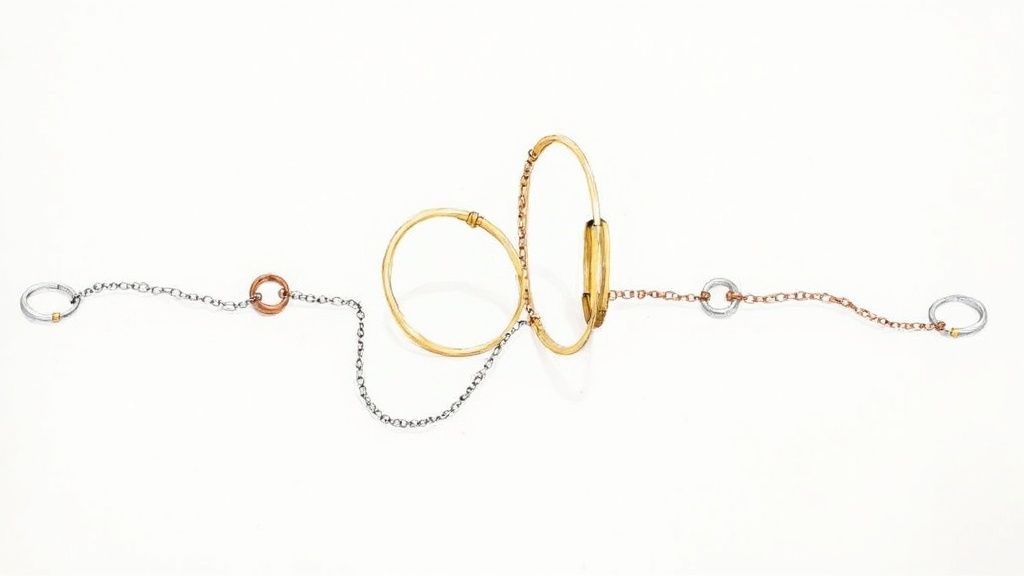 Watercolor illustration of delicate gold, silver, and copper jewelry chains and rings on white.