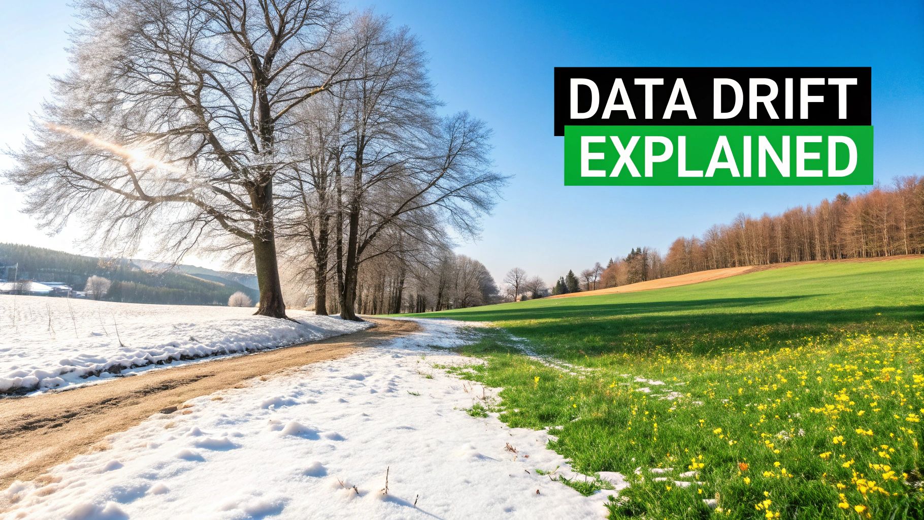 A divided landscape showing snowy winter on one side and green spring with flowers on the other, with 'DATA DRIFT EXPLAINED' text.