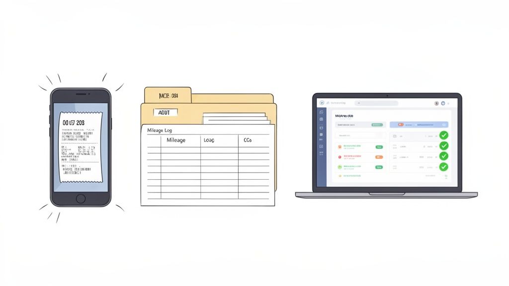 Digital and physical tools for managing small business tax write-offs, including a phone, mileage log, and laptop software.