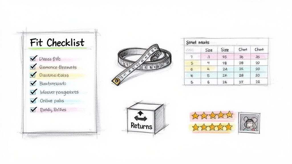 Sketches illustrating online shopping elements: fit checklist, measuring tape, size chart, returns, and customer ratings.