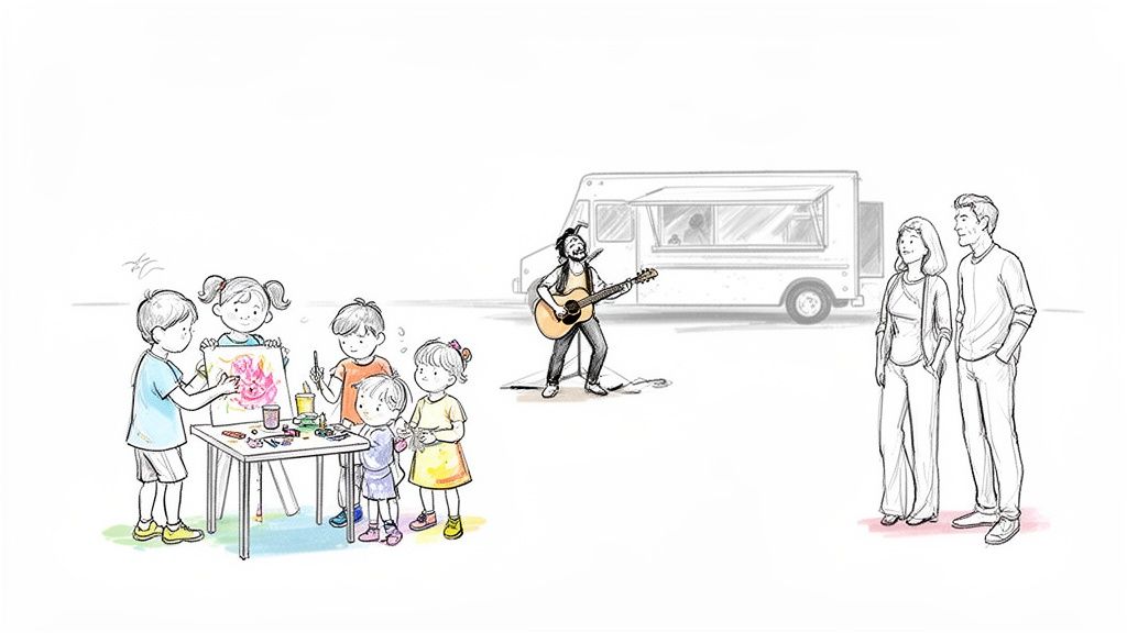 An illustration of an outdoor community event with children painting, a musician, and a food truck.