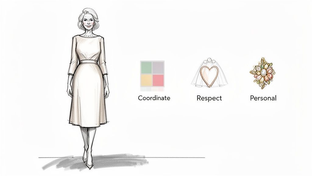 A sketch of a woman in an elegant dress with icons representing coordination, respect, and personal style tips.