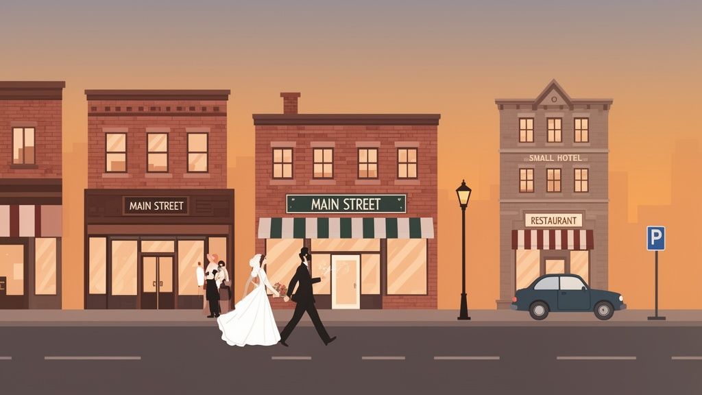 A newlywed couple walks hand-in-hand across a charming small town main street, ideal for small wedding venues.