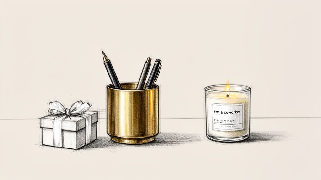 A sketch of a gift box, a golden pen holder with pens, and a lit candle labeled 'For a coworker'.