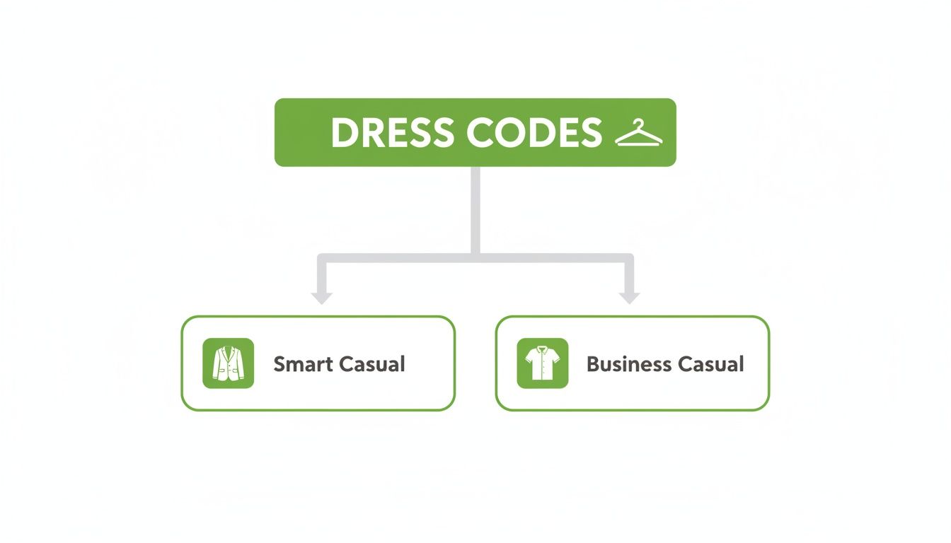 A diagram illustrating different dress codes, specifically categorizing Smart Casual and Business Casual attire.