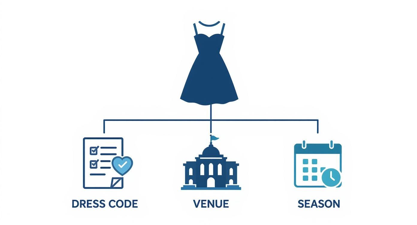 A blue dress icon is connected to symbols for dress code, venue, and season, illustrating factors for choosing attire.