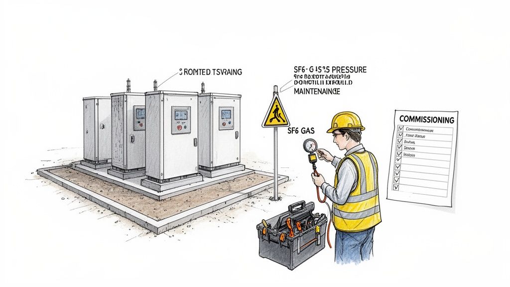 An engineer performs maintenance on gas-insulated switchgears, checking SF6 gas pressure with a gauge, next to a commissioning checklist.