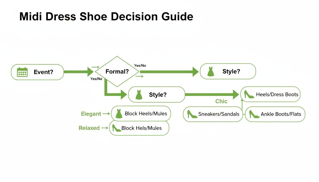 A flowchart decision guide helping choose shoes for midi dresses based on event formality and style.