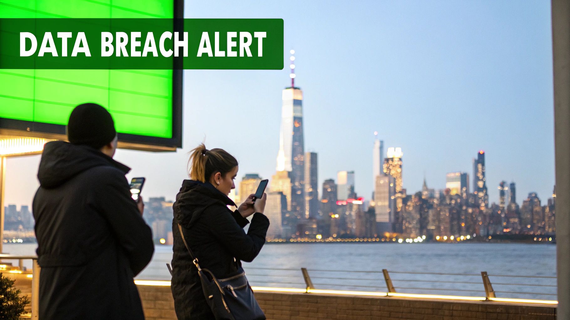 A 'DATA BREACH ALERT' sign overlooks people using phones with a city skyline background.