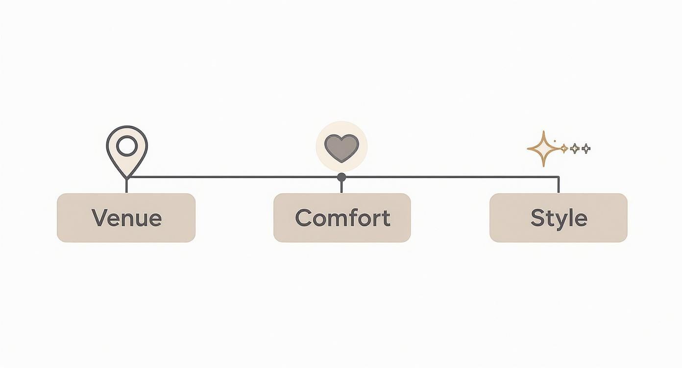 A diagram illustrating three key considerations: Venue, Comfort, and Style, with respective icons.