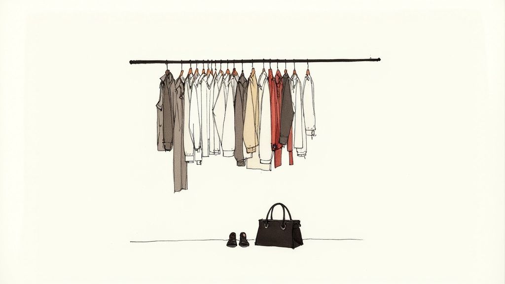 A neatly organized closet with neutral-colored clothing hanging on a rack, illustrating a capsule wardrobe.
