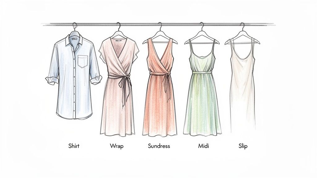 An illustration of five casual dresses: a shirt, wrap, sundress, midi, and slip, hanging on a rail.