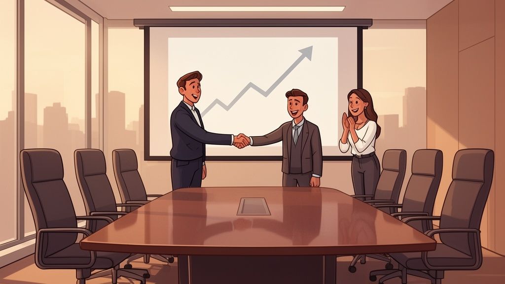 Two businessmen shake hands in a modern conference room with an upward trend graph and a clapping woman.