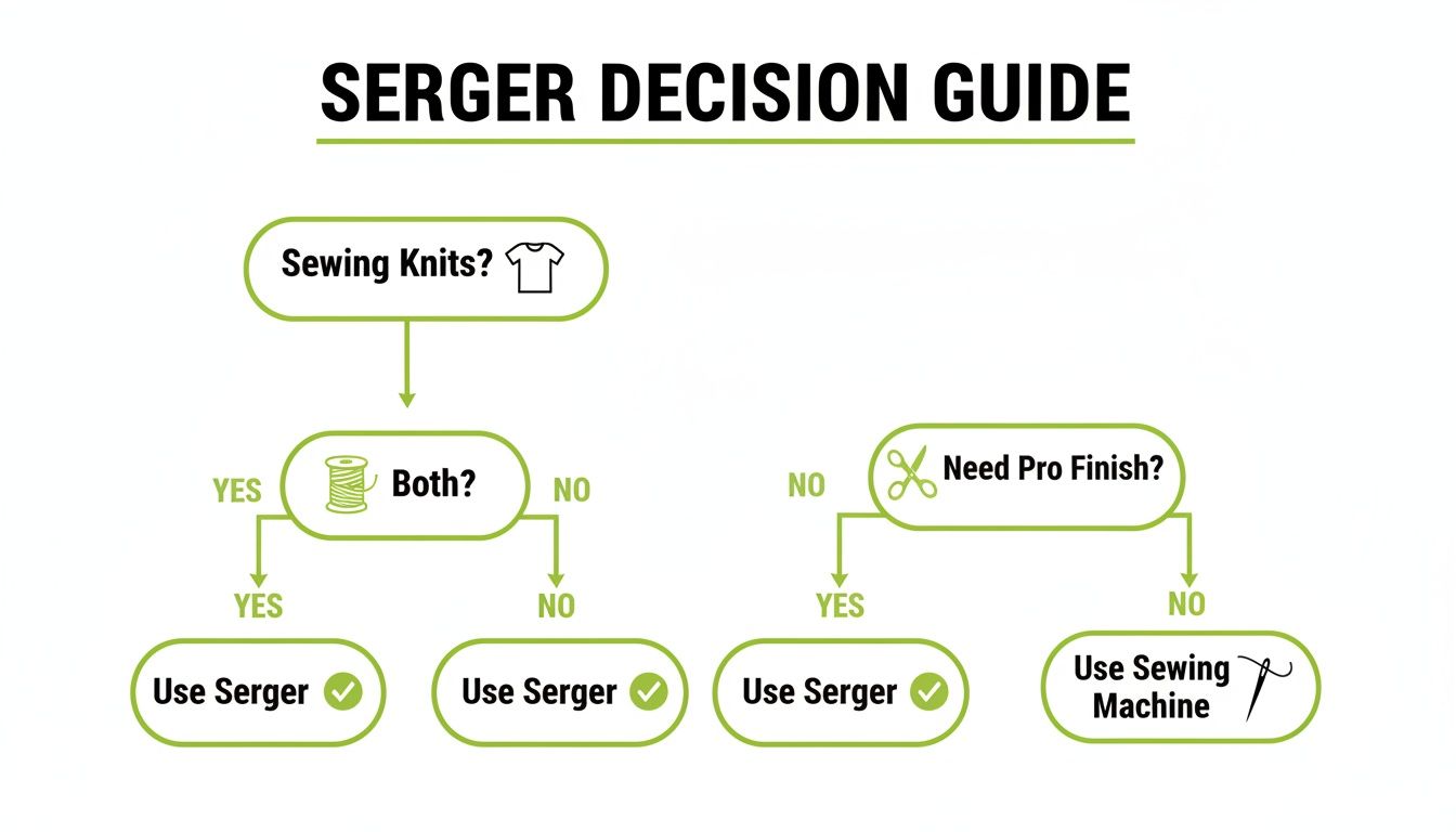 Flowchart guiding users on when to use a serger versus a sewing machine for various sewing projects.