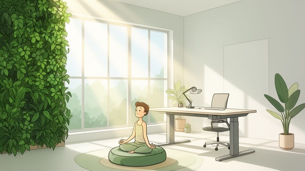A serene office with a large plant wall, sunlit window, a person meditating, and a modern desk.