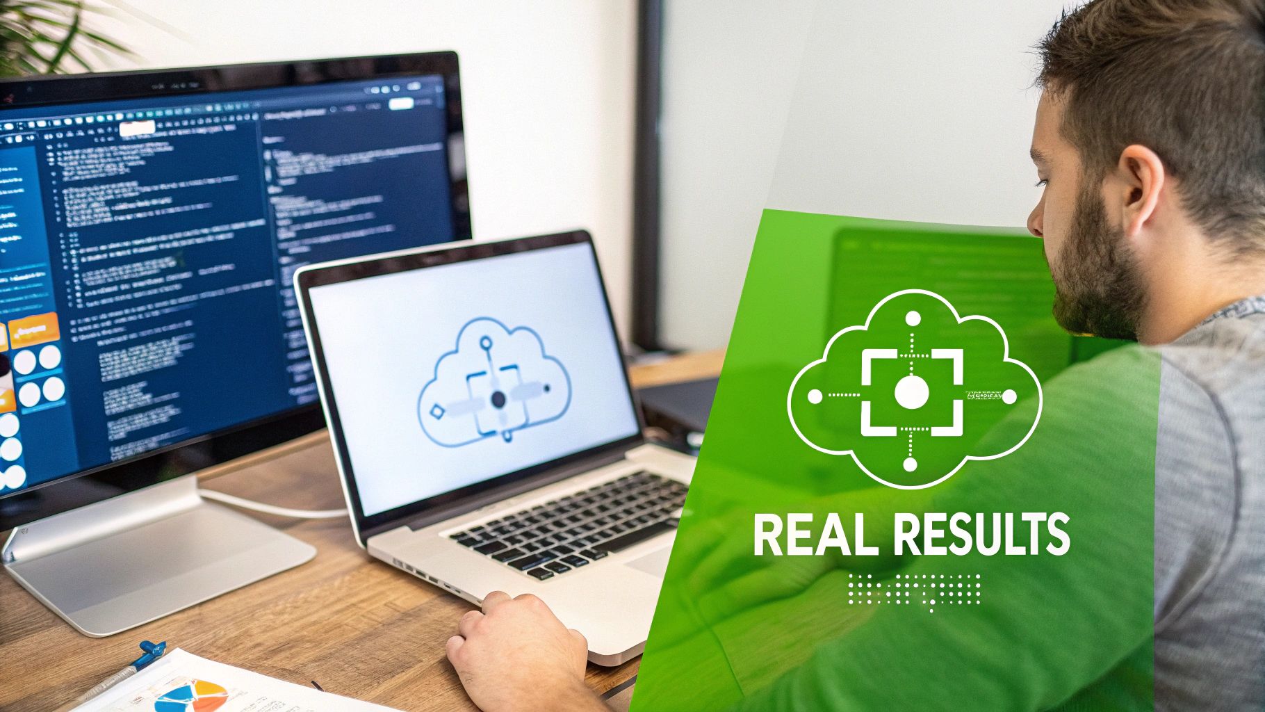 A person programming on a computer with code, a laptop displaying a cloud icon, and 'REAL RESULTS' graphic overlay.