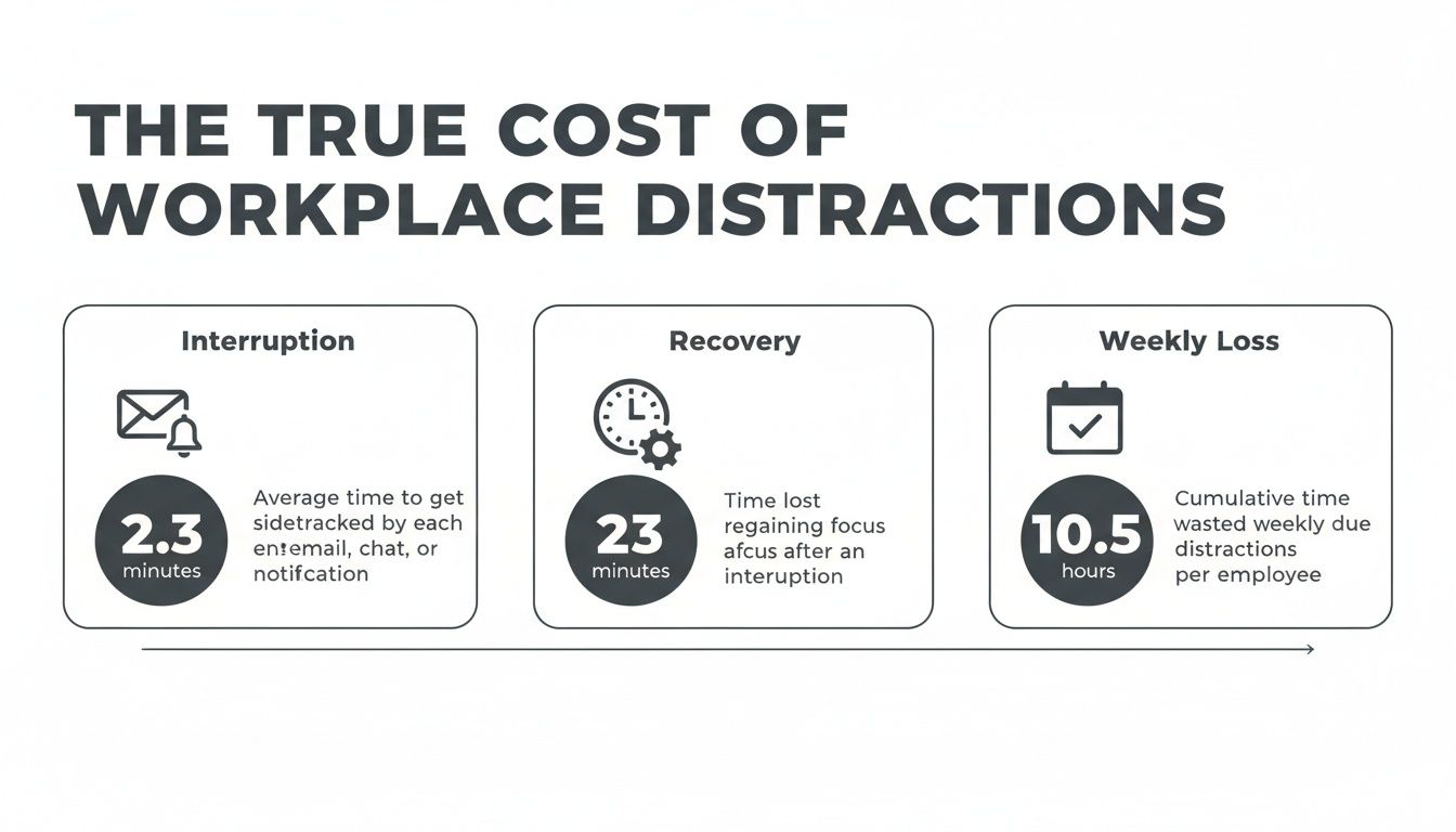 Infographic detailing the true cost of workplace distractions, showing time lost due to interruptions and recovery.