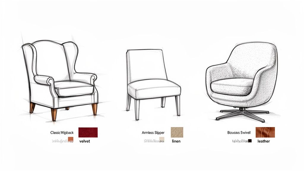 Sketches of three unique accent chairs: Classic Wingback, Armless Slipper, and Boucas Swivel, with fabric swatches.