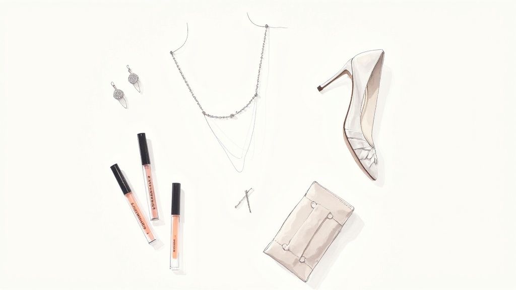 A close-up of a prom dress neckline with a complementary necklace and earrings.