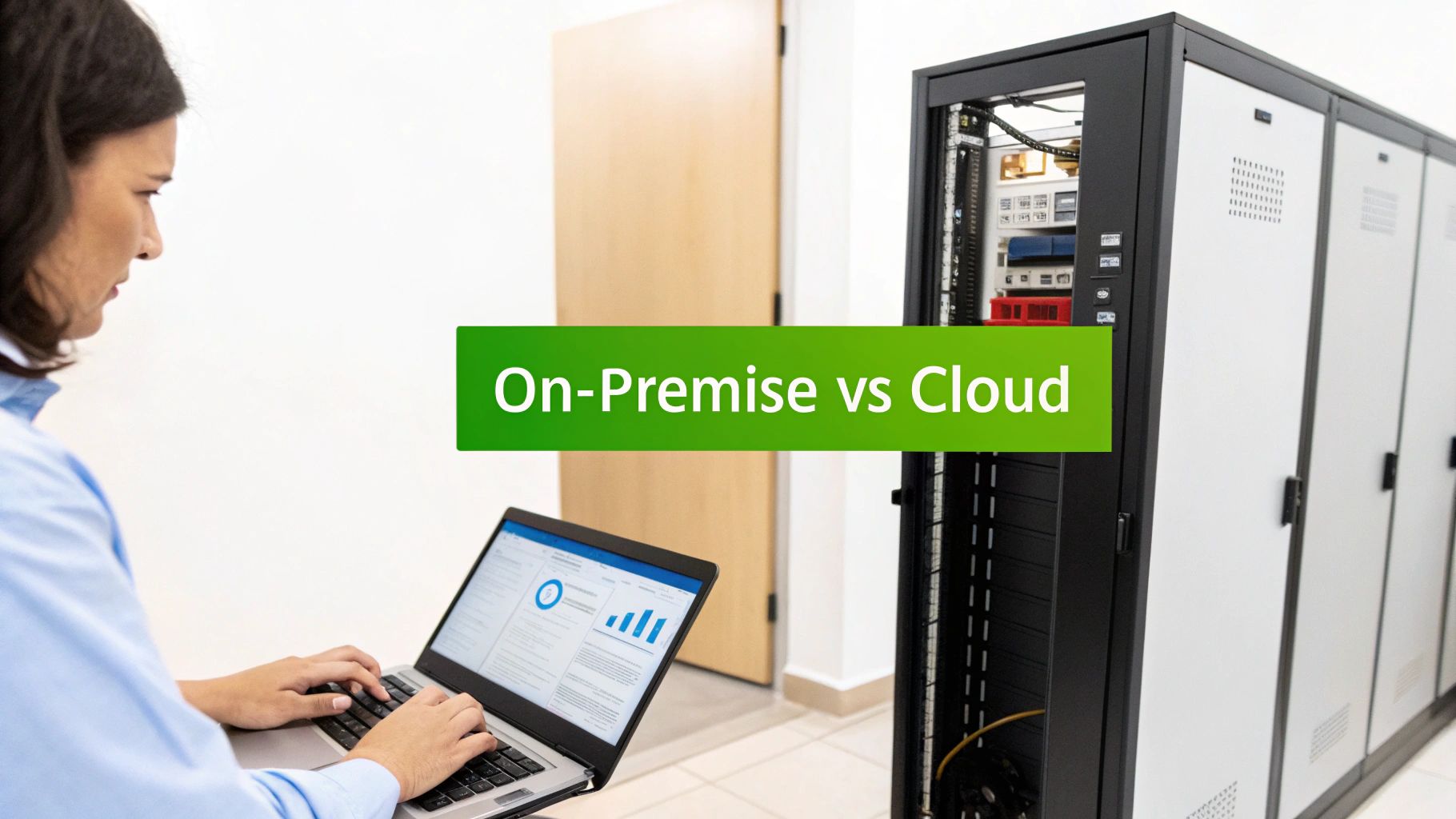 An IT professional working on a laptop in a data center, contrasting On-Premise vs Cloud solutions.
