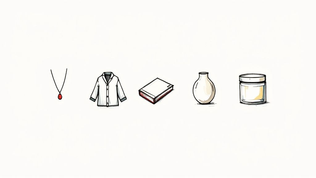 Collection of trendy gift items including necklace, cardigan, book, vase, and candle jar