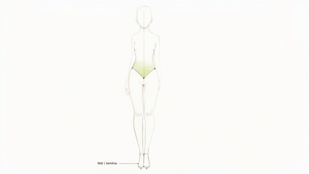 Fashion croquis of a female figure in a light green swimsuit, illustrating the midi hemline concept.