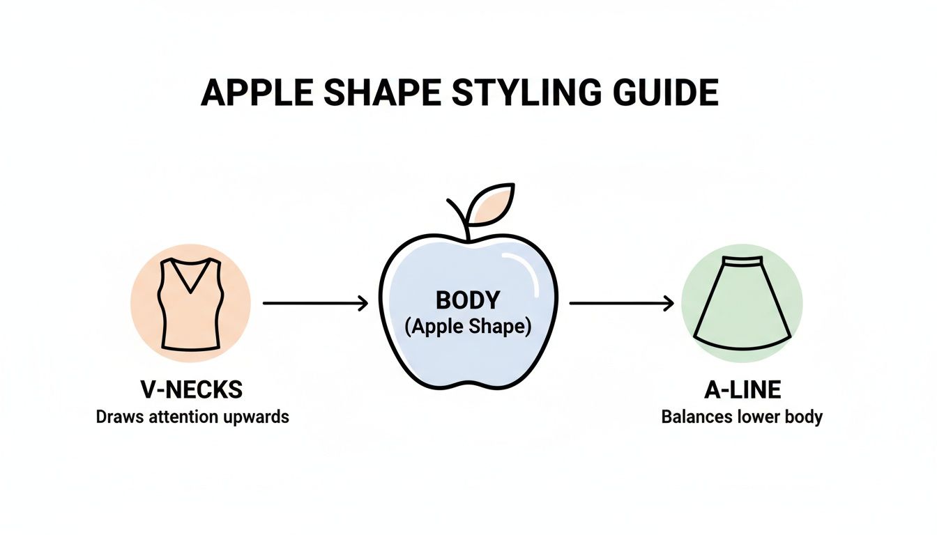 An apple shape styling guide with V-necks drawing attention upwards and A-line balancing the lower body.