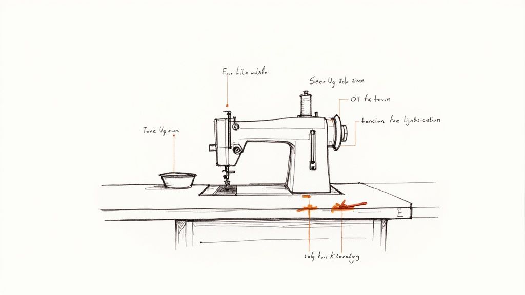 A sewing machine being serviced by a technician.