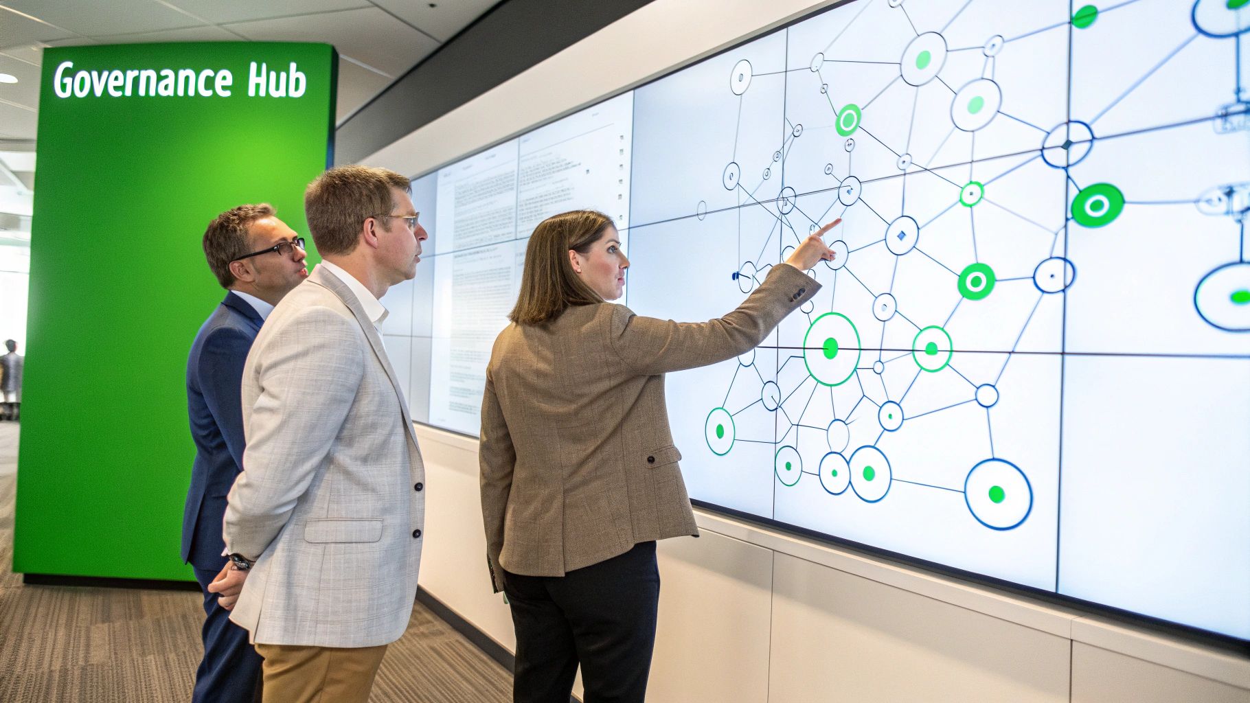 Three professionals analyze a complex network diagram on a large multi-screen display in an office.