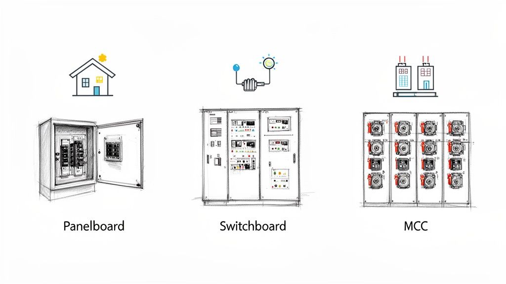 A visual comparison of a panelboard, switchboard, and MCC with their respective application icons.