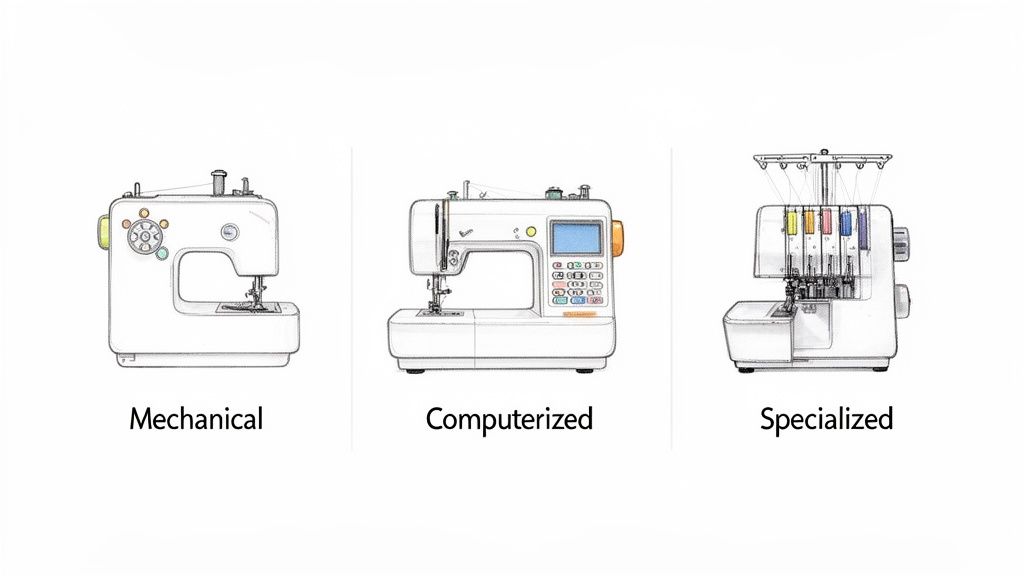 Illustrations of three distinct sewing machine types: mechanical, computerized, and specialized.