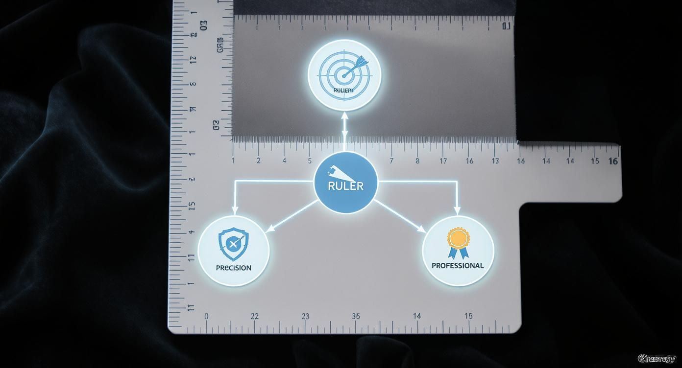 Ruler application interface displaying precision and professional features with measurement tools and target icon