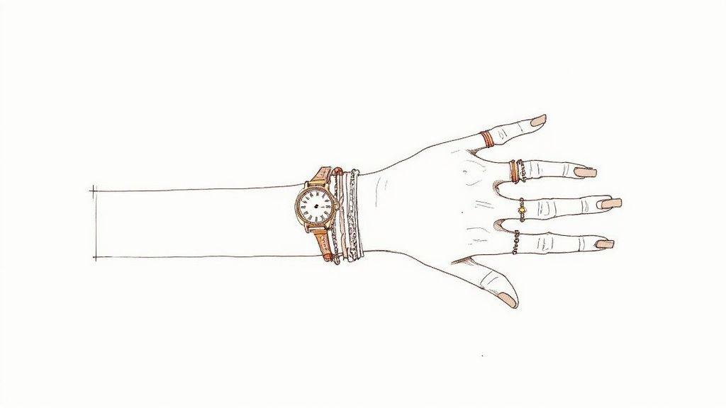 An illustration of a hand and arm wearing a brown watch, stacked bracelets, and various rings on the fingers.