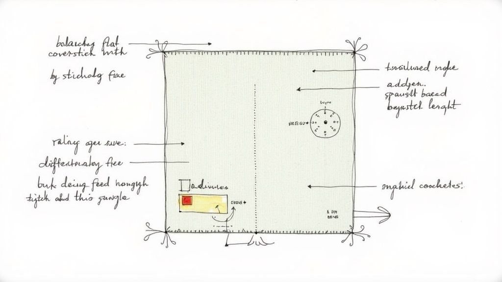 Hand-drawn diagram showing coverstitch flat construction with labeled parts including needles, feed dogs, and fabric placement