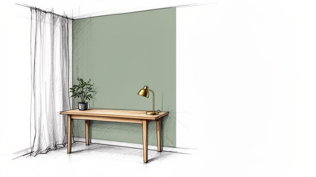 Illustration of a room corner with a green accent wall, wooden table, plant, and golden lamp.