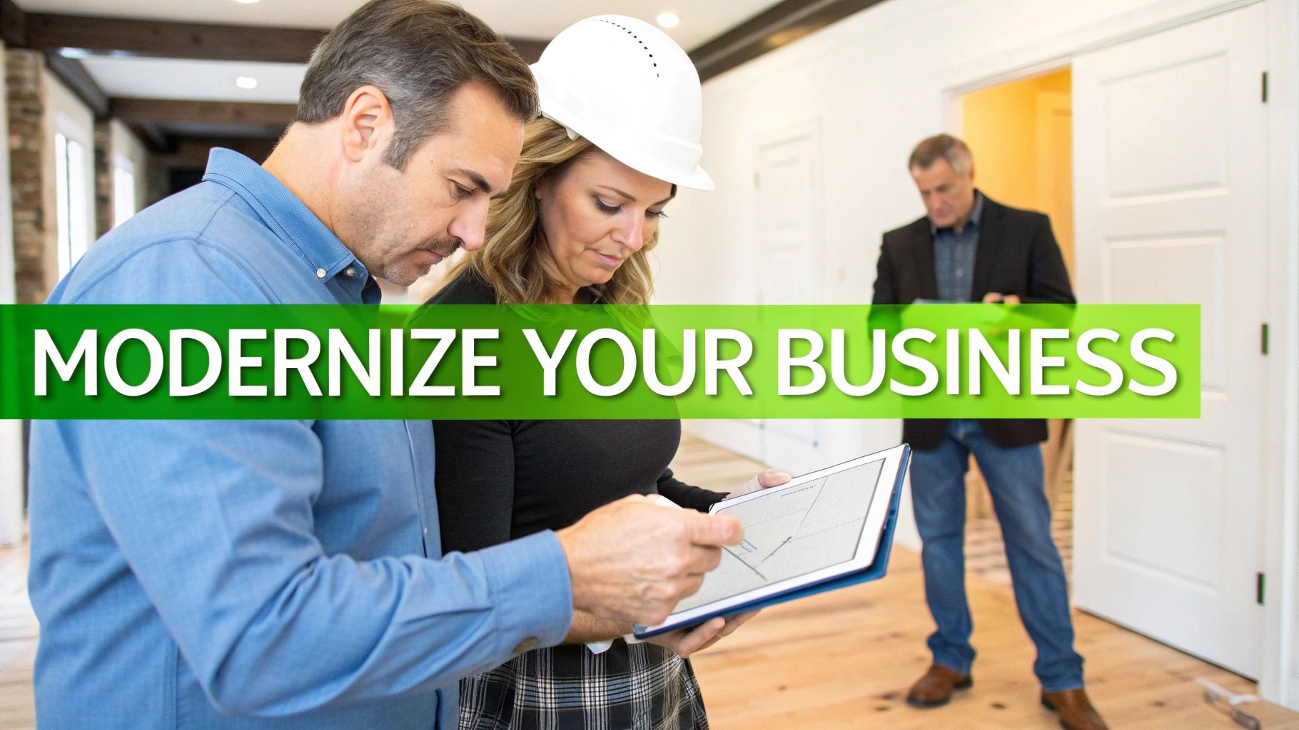 A team of professionals collaborating on a digital transformation strategy in a modern office.