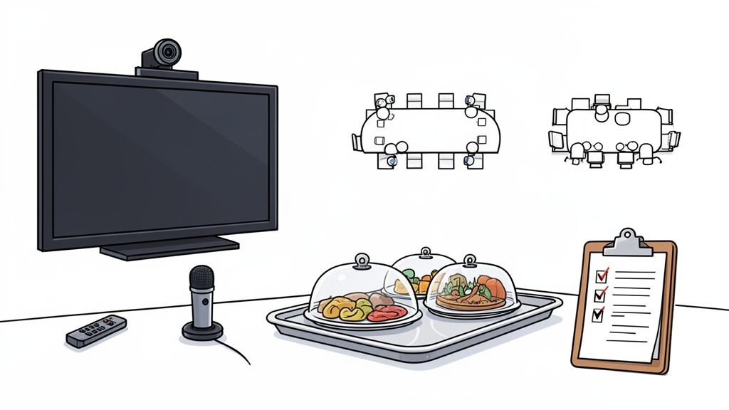 A conference room setup featuring a TV, webcam, microphone, food tray, and checklist, with meeting room layouts.