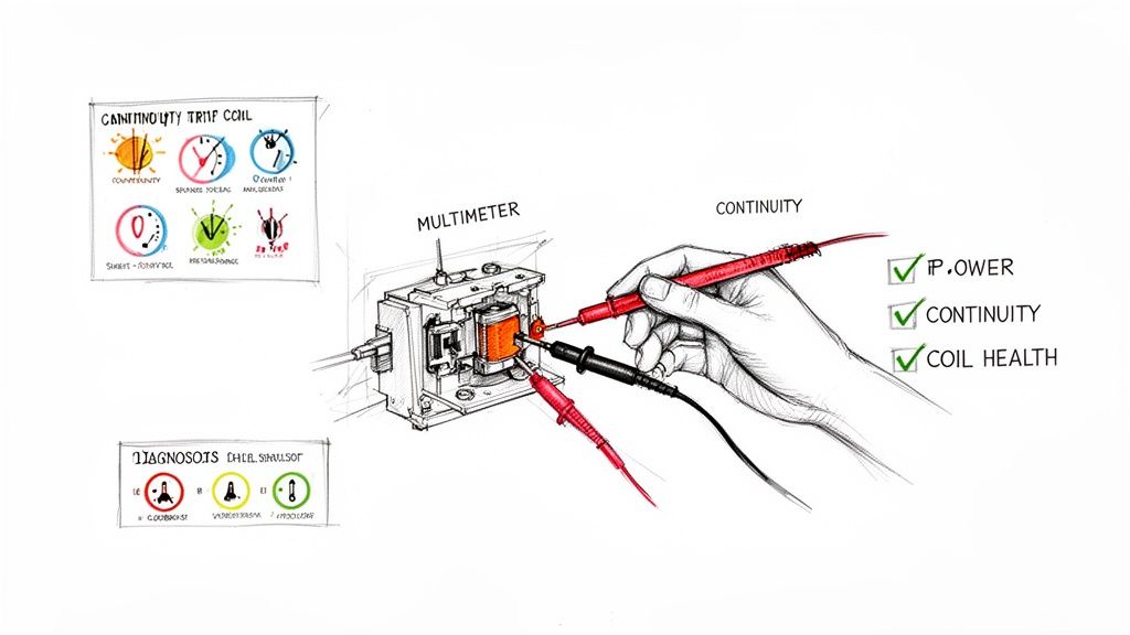 A hand uses a multimeter to test a coil inside an electrical device for continuity and health.
