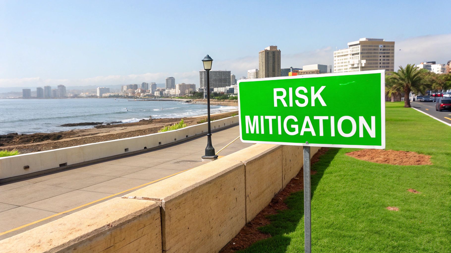 A green sign with "RISK MITIGATION" stands on a grassy area next to a coastal road with a city skyline.