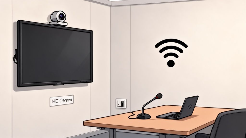 A small conference room setup with a wall-mounted TV, webcam, laptop, microphone, and Wi-Fi symbol.