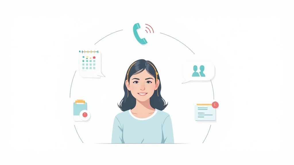 A friendly and professional woman with a headset represents the human touch and reliability of a modern virtual receptionist service.