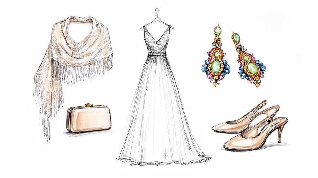 An illustrated formal outfit including a dress, shawl, clutch, heels, and colorful drop earrings.