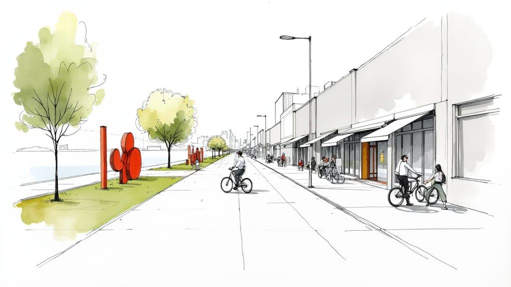 Vibrant watercolor sketch of a lively urban street with cyclists, shops, green space, and modern sculptures.