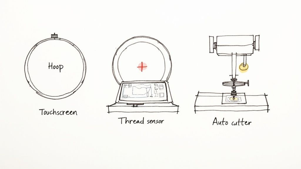 Sketches illustrating key features of an embroidery machine: hoop, touchscreen, thread sensor, and auto cutter.